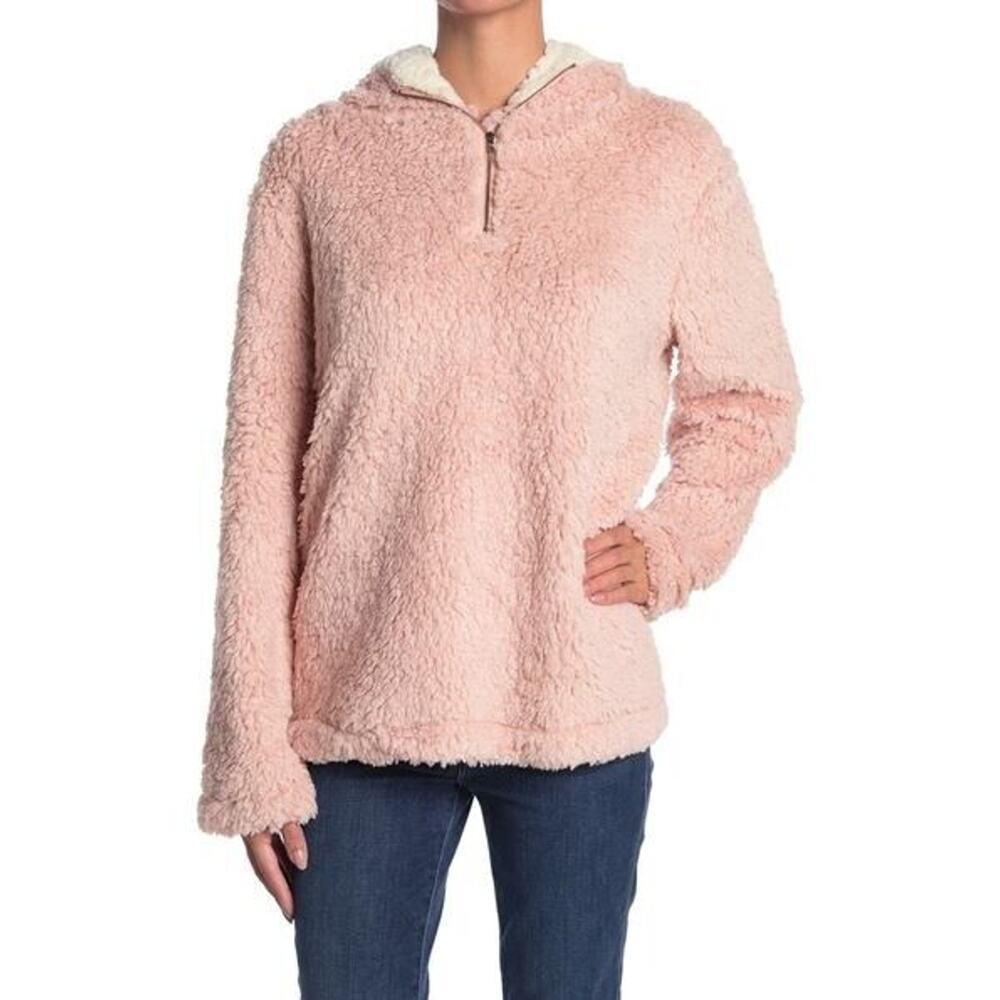 Forgotten Grace Women's Hooded Quarter Zip Faux Shearling Pullover‎ Blush Medium